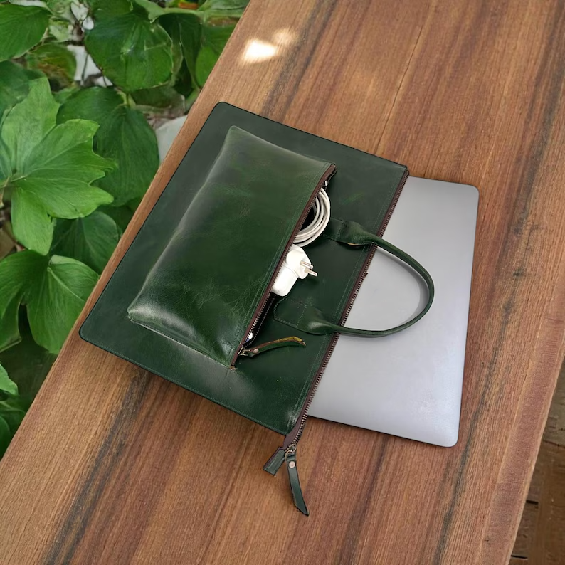 Large Genuine Leather Laptop Tote Bag with Detachable Shoulder Strap