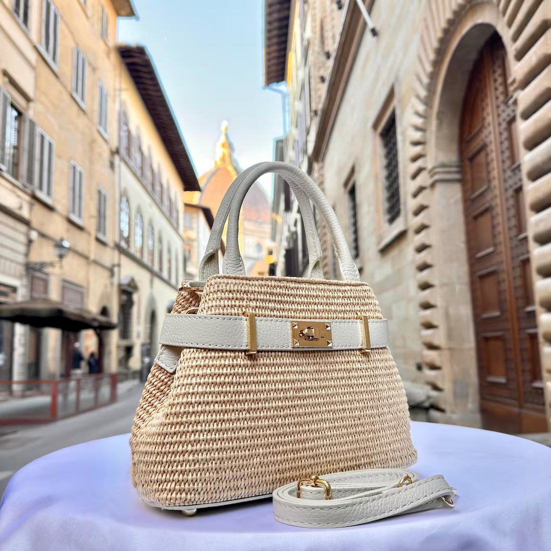 Handmade Woven Straw & Genuine Leather Mini Top Handle Satchel Bag