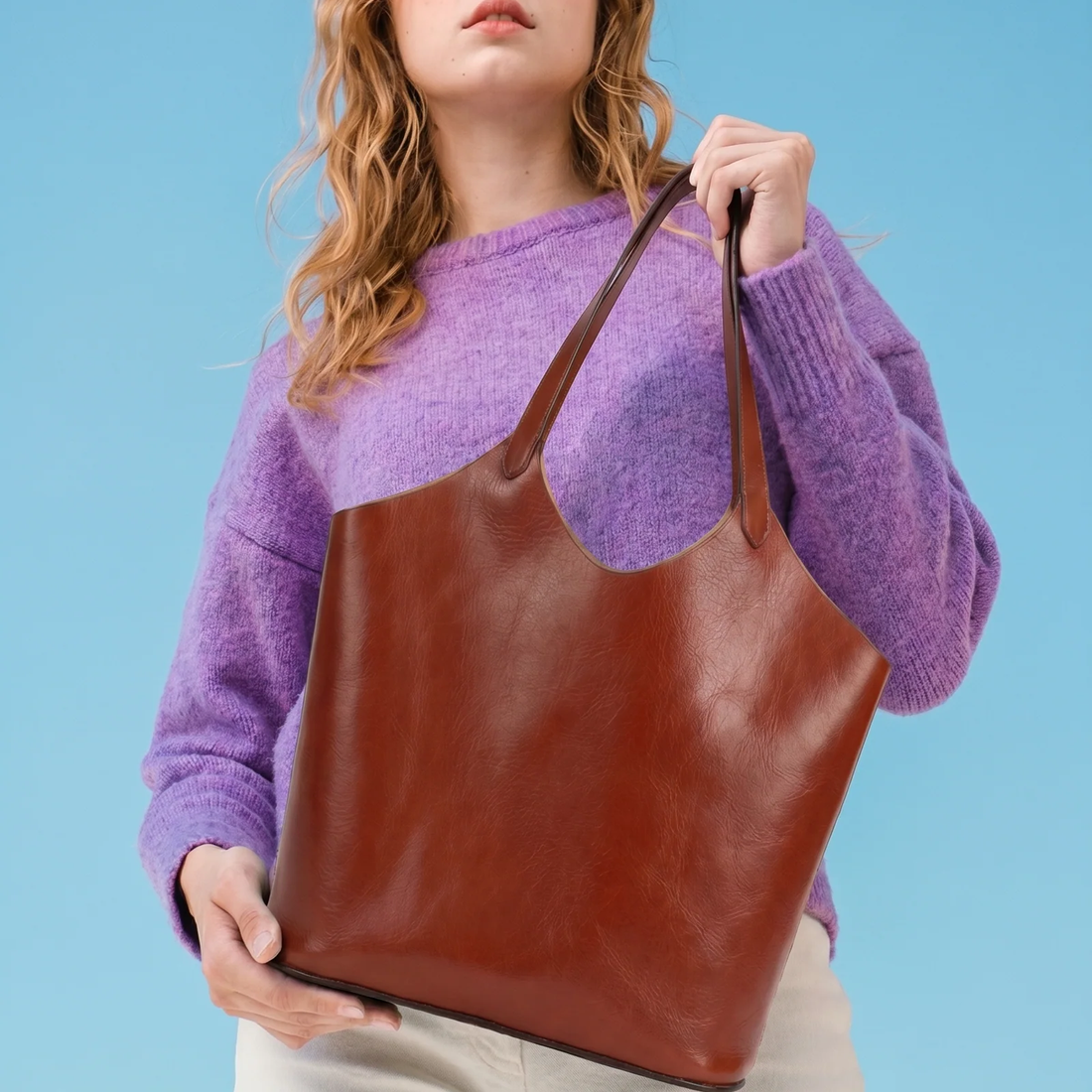 Vintage Red Soft Leather Large Capacity Minimalist Shoulder Tote Bag