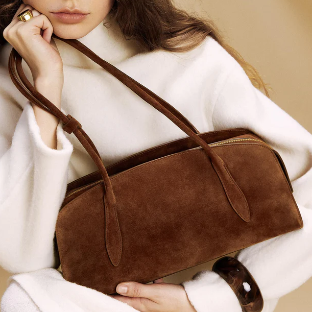 Vintage Brown Suede Curved Baguette Shoulder Bag