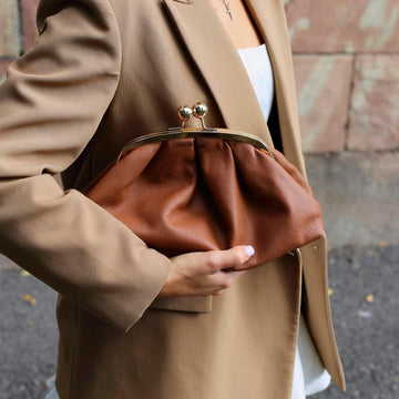 Leather Pleated Kiss Lock Clutch