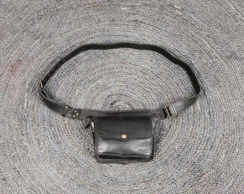 Genuine Leather Snap & Zipper Adjustable Waist Belt Fanny Pack