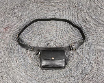 Genuine Leather Snap & Zipper Adjustable Waist Belt Fanny Pack