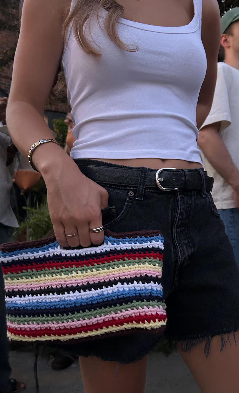 Handmade Multicolor Striped Cotton Crochet Clutch Bag